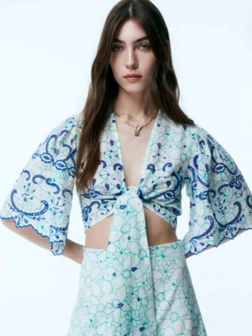 Sfera Collection Eyelet Blouse Cropped Tie Front Cotton Floral Embrroidered LG